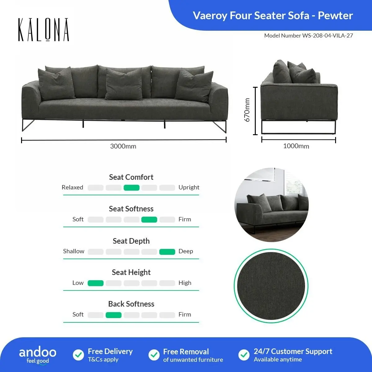 Kalona VAEROY Four Seater Sofa Pewter