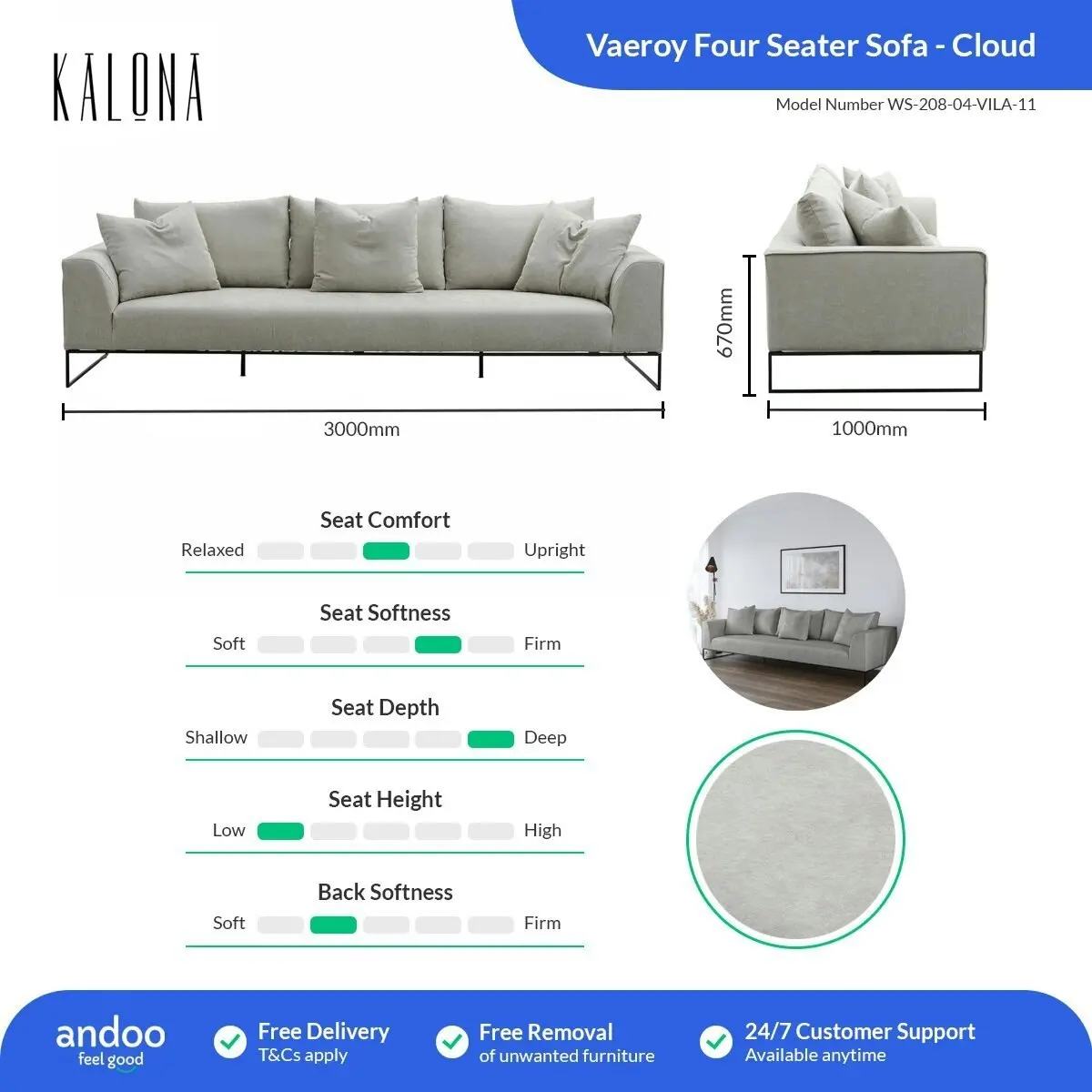 Kalona VAEROY Four Seater Sofa Cloud