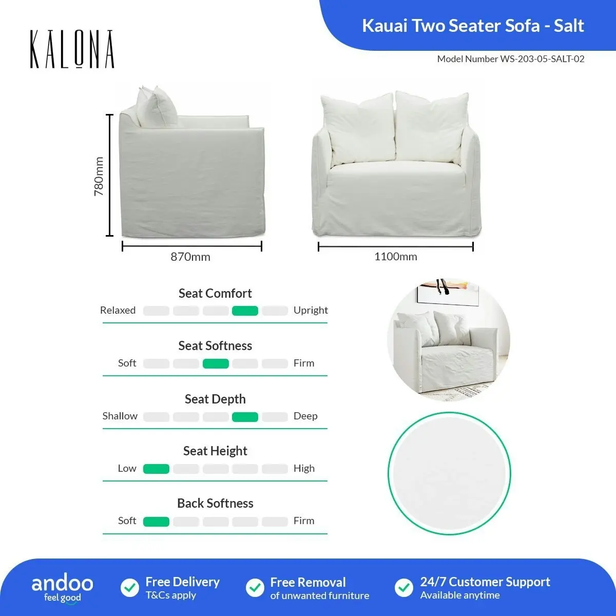 Kalona KAUAI Two Seater Sofa Salt