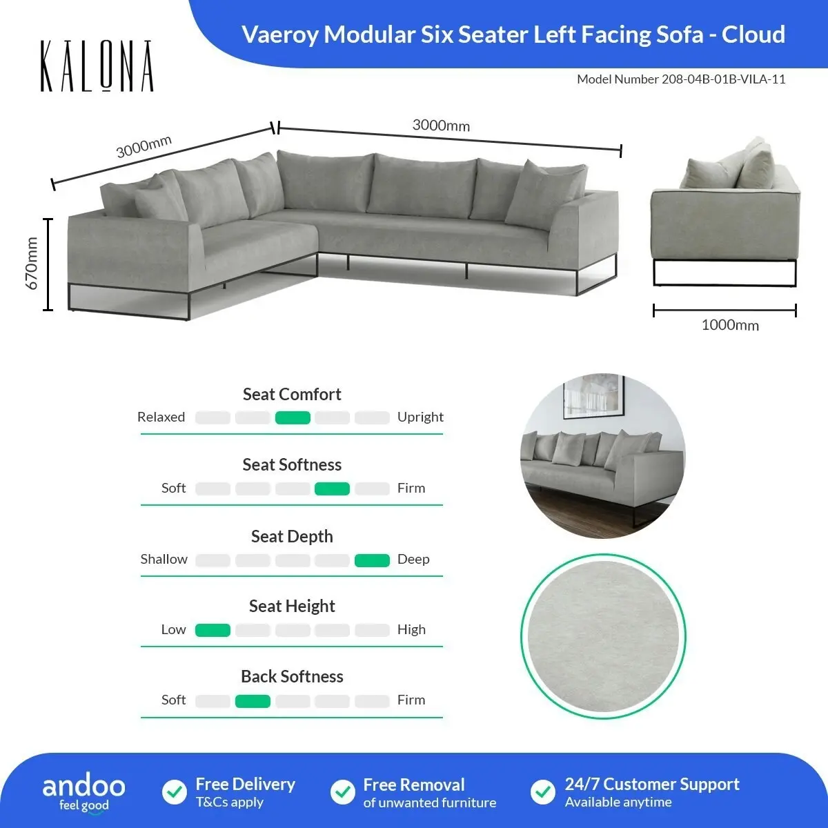 Kalona Vaeroy Modular Six Seater Left Facing Sofa Cloud