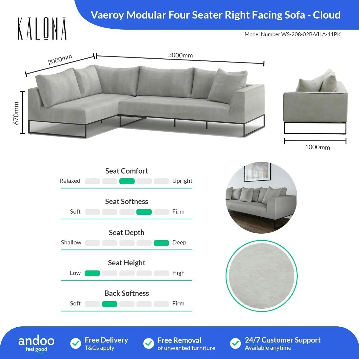 Kalona Vaeroy Modular Four Seater Right Facing Sofa Cloud