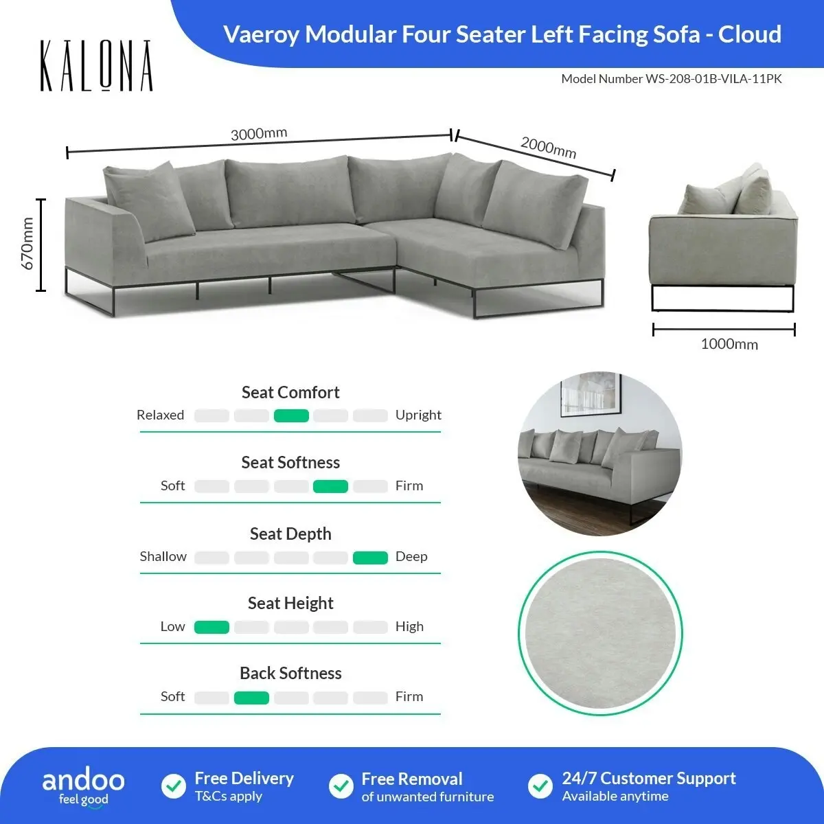 Kalona Vaeroy Modular Four Seater Left Facing Sofa Cloud