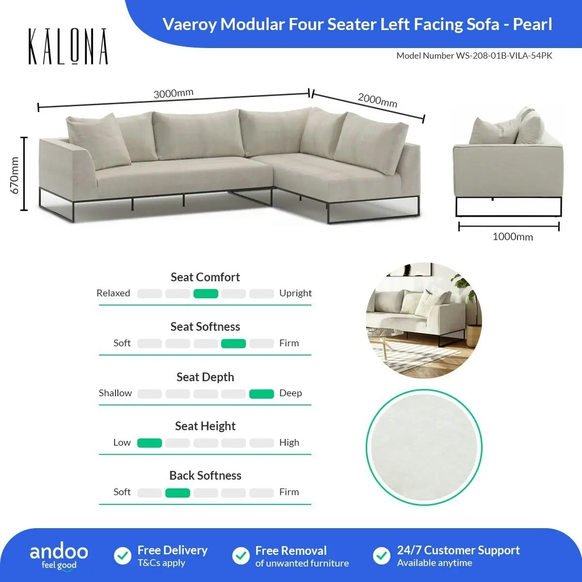 Kalona Vaeroy Modular Four Seater Left Facing Sofa Pearl