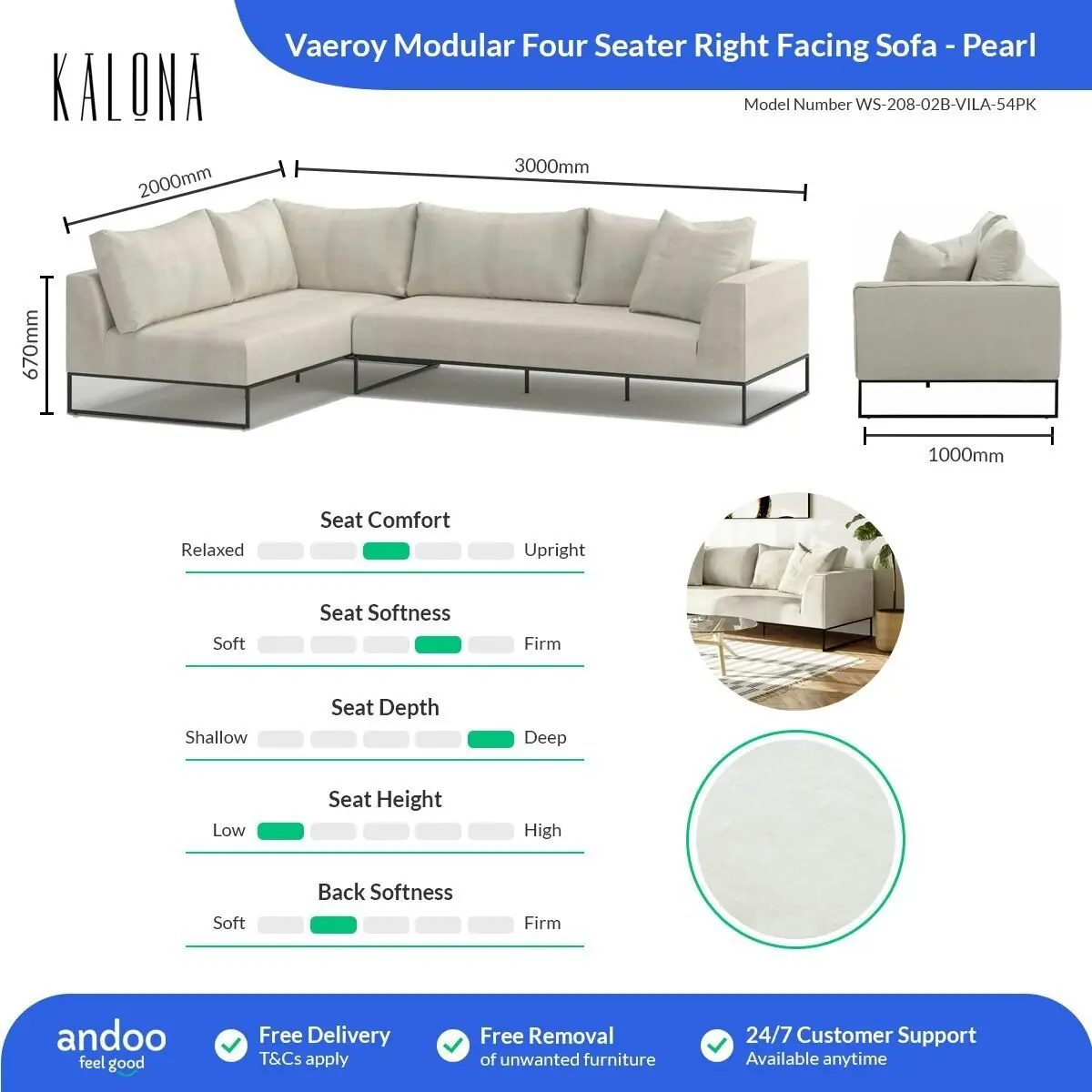 Kalona Vaeroy Modular Four Seater Right Facing Sofa Pearl