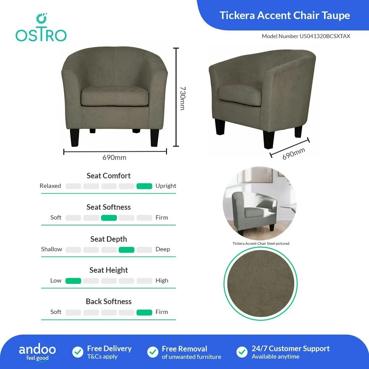 Ostro Furniture Ostro Tickera Accent Chair Steel Taupe