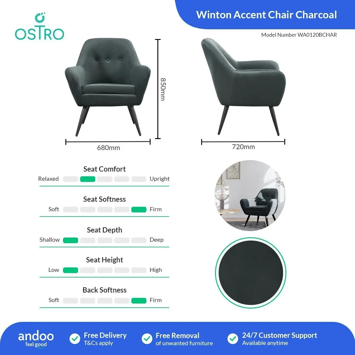 Ostro Furniture Ostro Winton Accent Chair Charcoal