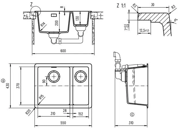 Abey Schock Soho 1 and 1/3 Bowl Sink