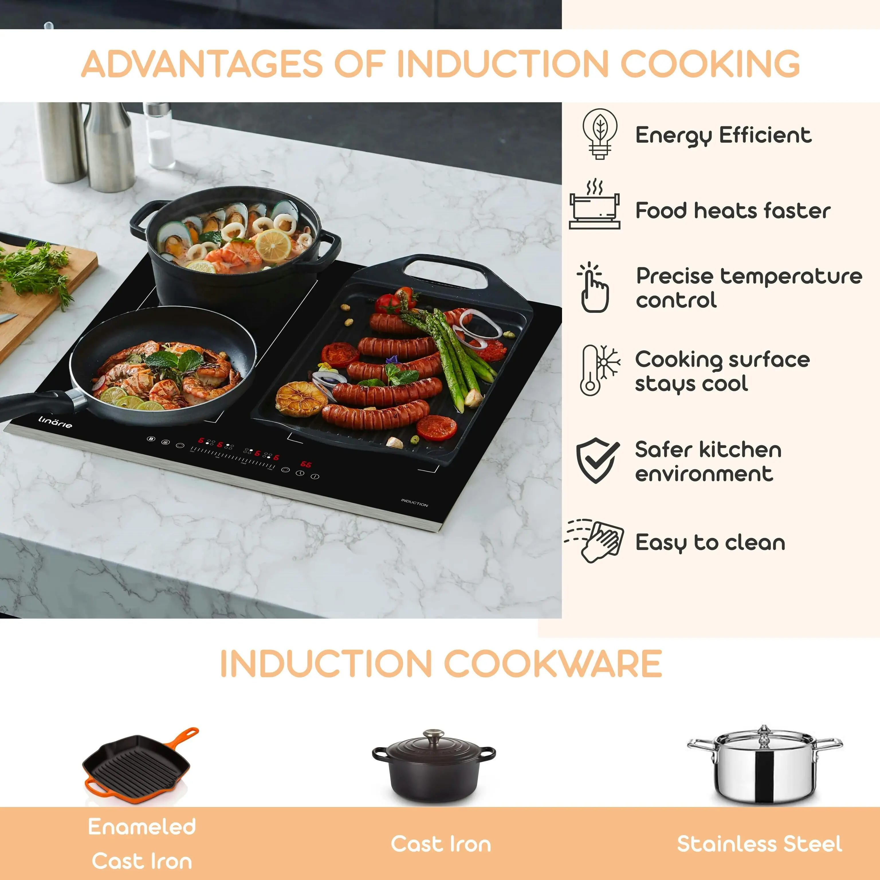 Linarie 77cm 4 Zone Induction Double Flex Zone Cooktop