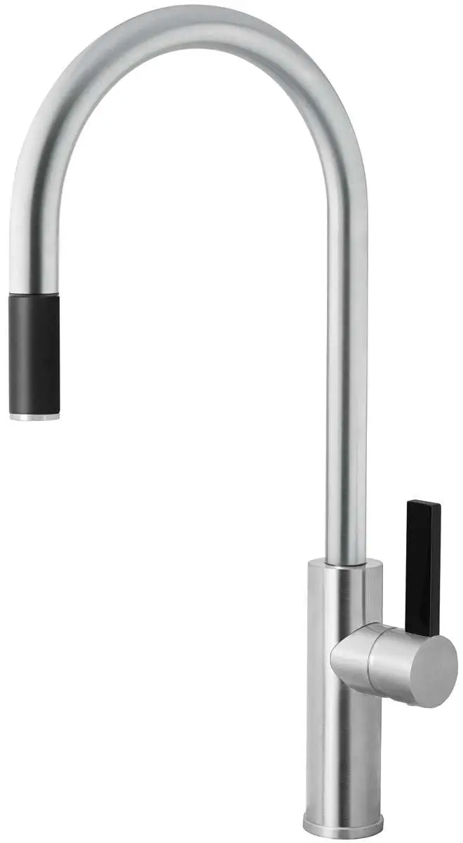 Abey Gooseneck Black Spout & Lever Brushed Chrome Pull Out Mixer Tap LUZ-1BC