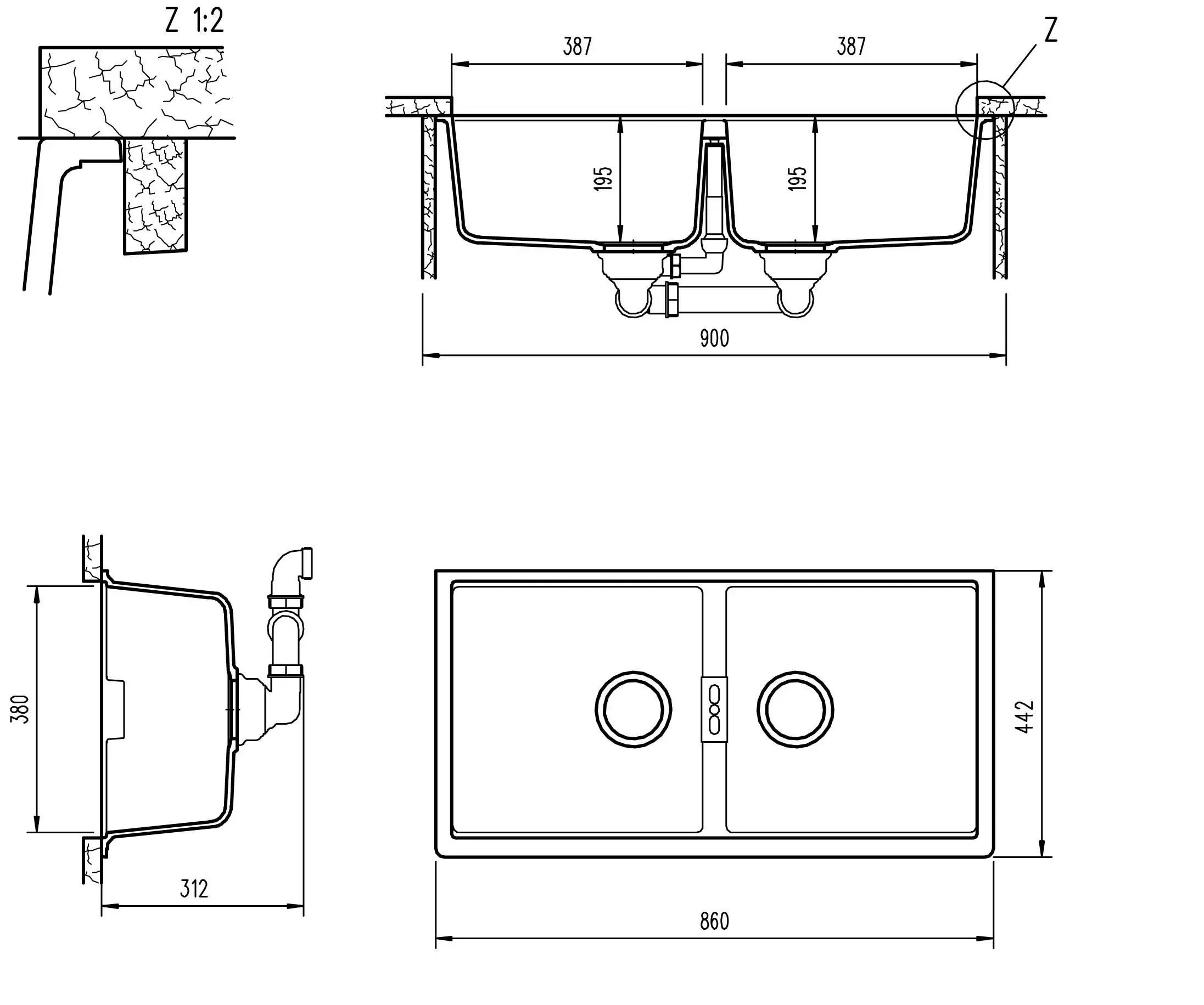 Abey Horizont Schock Magma Double Bowl Undermount Granite Sink N200UB