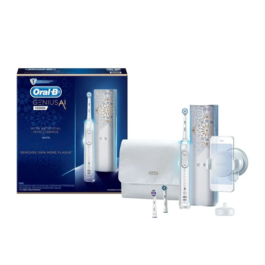 Oral-B Genius AI 10000 Electric Toothbrush with 3 Replacement Heads & Smart Travel Case - White