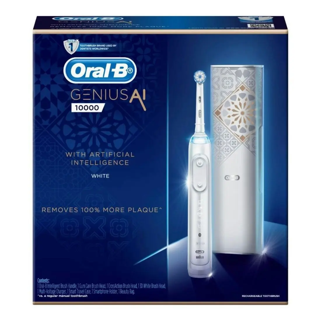 Oral-B Genius AI 10000 Electric Toothbrush with 3 Replacement Heads & Smart Travel Case - White