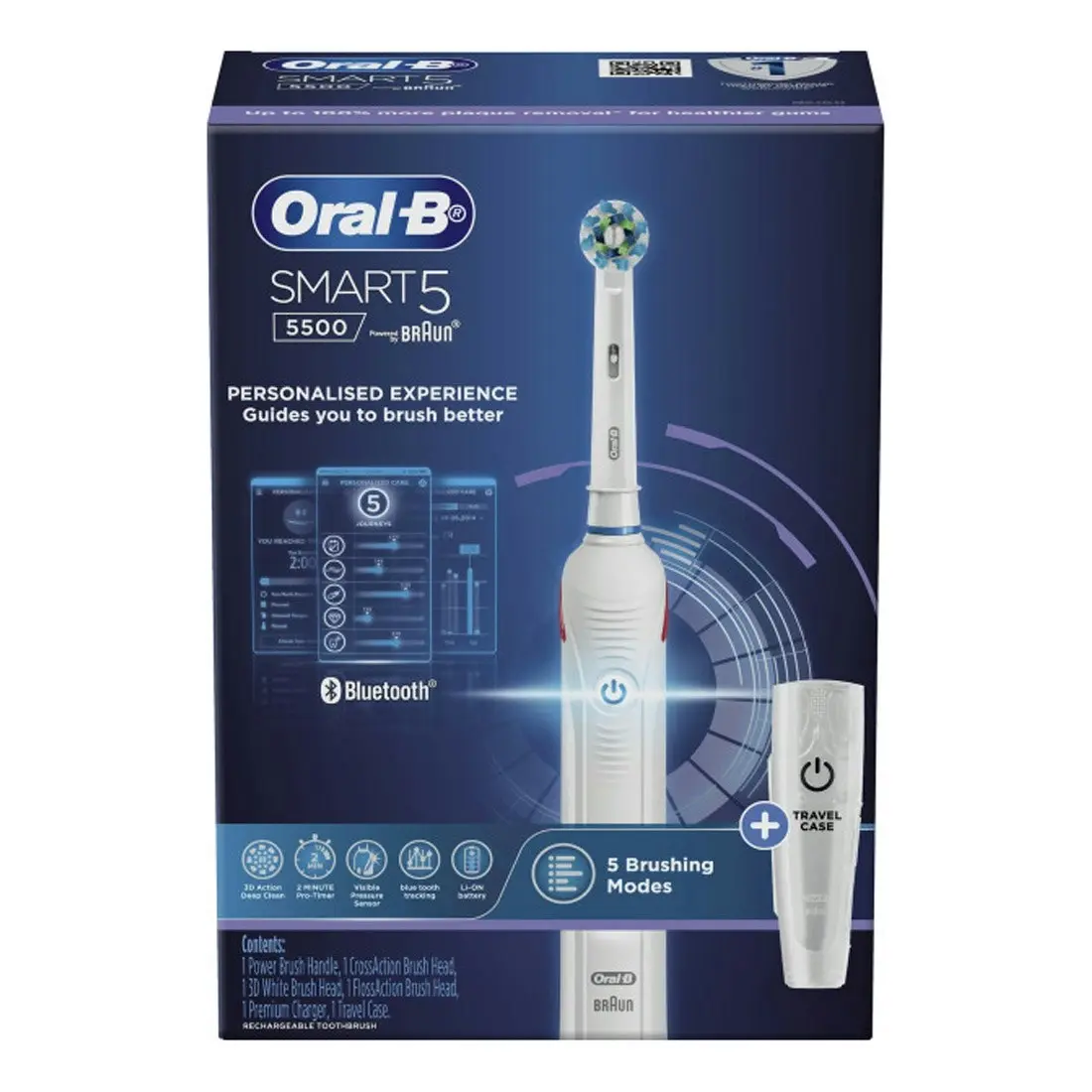 Oral-B SMART 5500 Electric Toothbrush +3 Refills with Travel Case - White