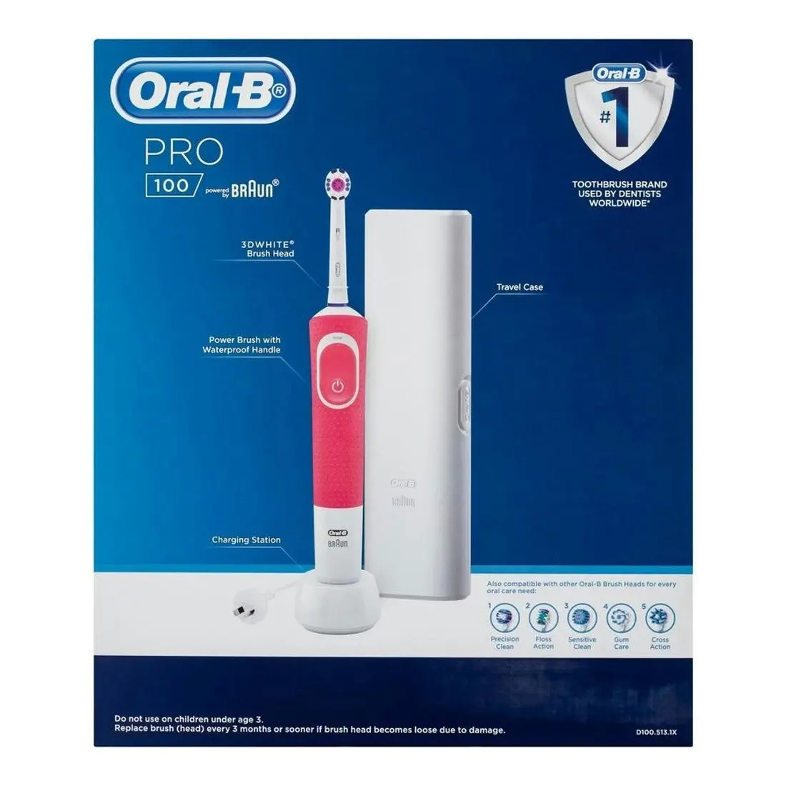 Oral-B Pro 100 3D White Polish Electric Toothbrush w/ Travel Case - Pink