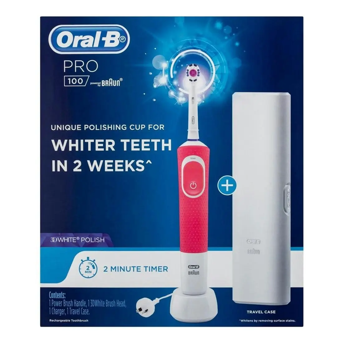 Oral-B Pro 100 3D White Polish Electric Toothbrush w/ Travel Case - Pink