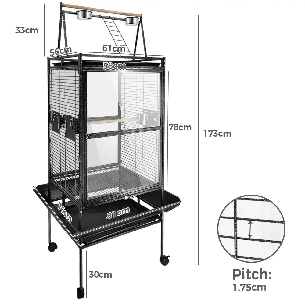 Taily Large Bird Cage 173CM Acrylic Cages Parrot Aviary Stand-Alone Budgie Black