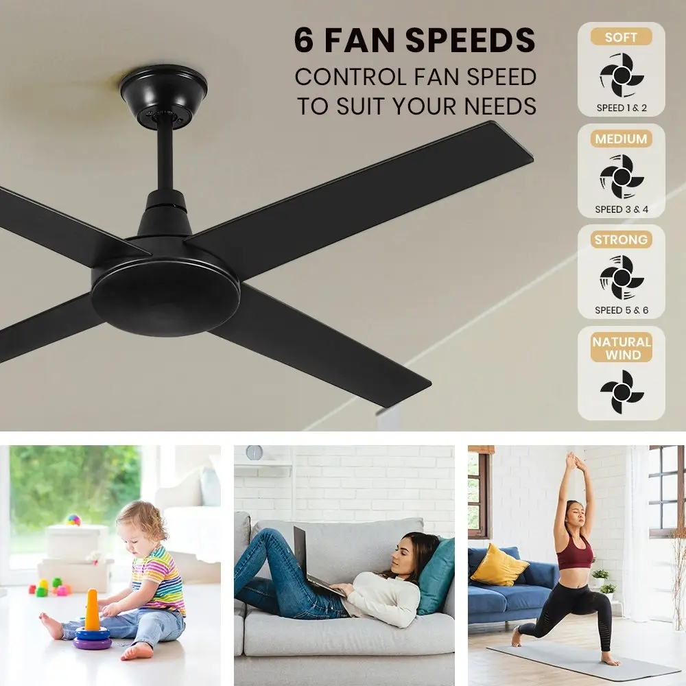 Krear 52" Ceiling Fan Wooden Blades Fans with Remote Control Timer 6 Speed Black