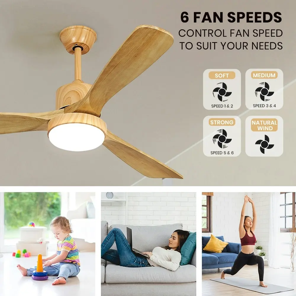 Krear Ceiling Fan With Light 52" DC Motor Wooden Blade Remote Control 6 Speed