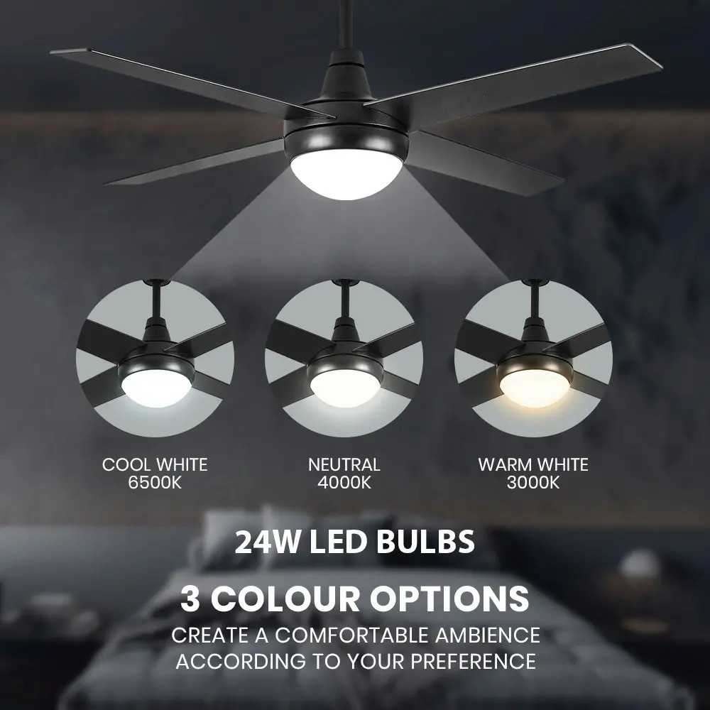 Krear 52" Ceiling Fan LED Light Remote Control Wooden Blades Timer 6 Speed Black