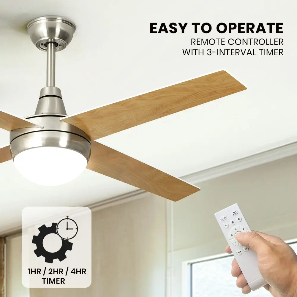 Krear 52" Ceiling Fan LED Light With Remote Control 4 Wooden Blades Wood Fans