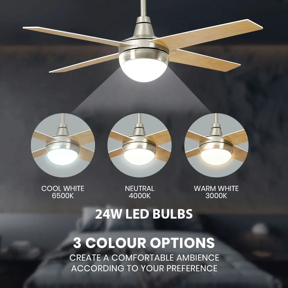 Krear 52" Ceiling Fan LED Light With Remote Control 4 Wooden Blades Wood Fans