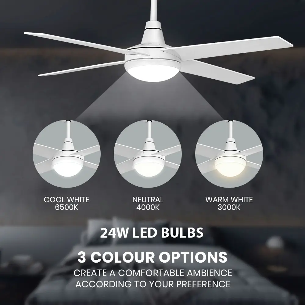 Krear 52" Ceiling Fan LED Light Remote Control Wooden Blades Timer 6 Speed White