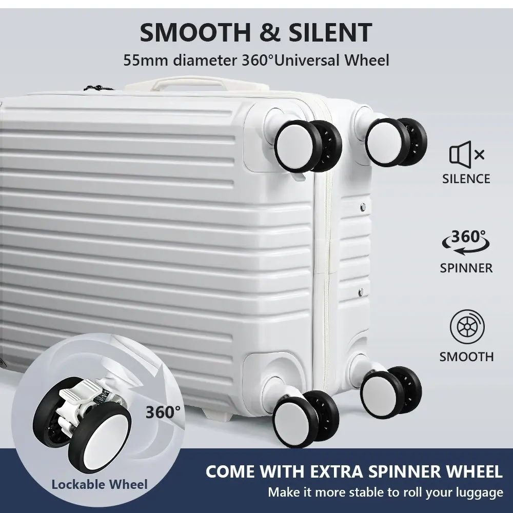 Tabibito Luggage Suitcase USB Charge Port Cup Holder Side Hook Spinner Wheel White 20"