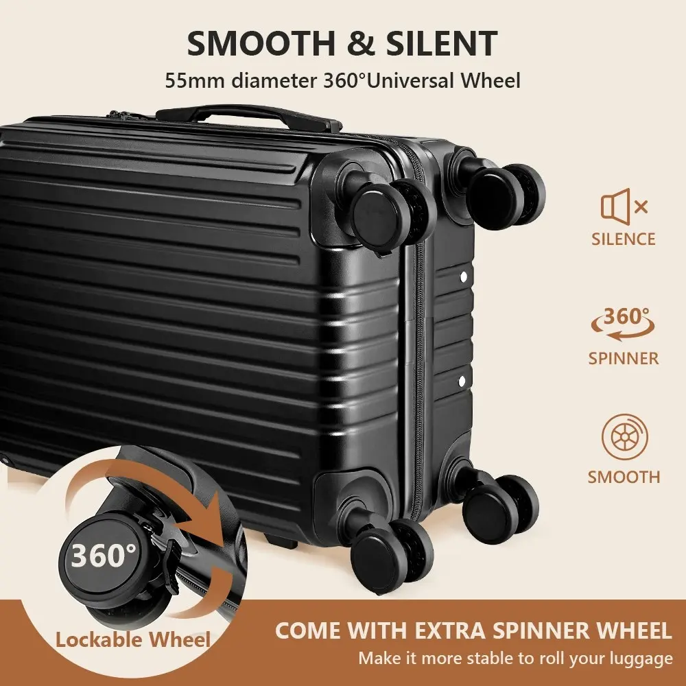 Tabibito Luggage Set Suitcase TSA Lock USB Port Cup Holder Side Hook Spinner Wheels 20" Black