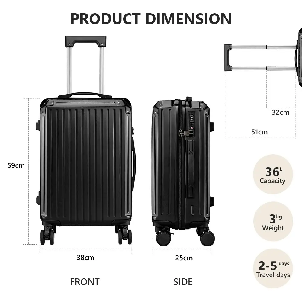 Tabibito Luggage Set Suitcase TSA Lock USB Port Cup Holder Side Hook Spinner Wheels 20" Black