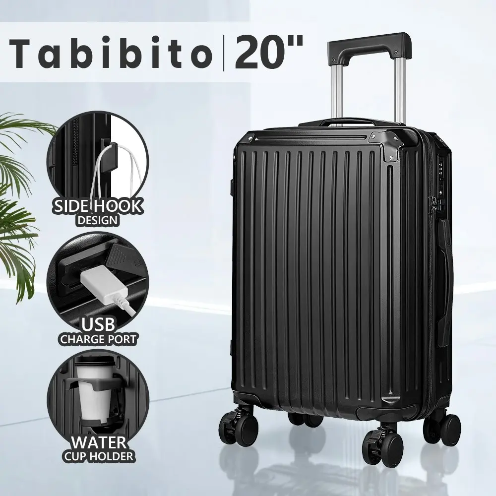 Tabibito Luggage Set Suitcase TSA Lock USB Port Cup Holder Side Hook Spinner Wheels 20" Black