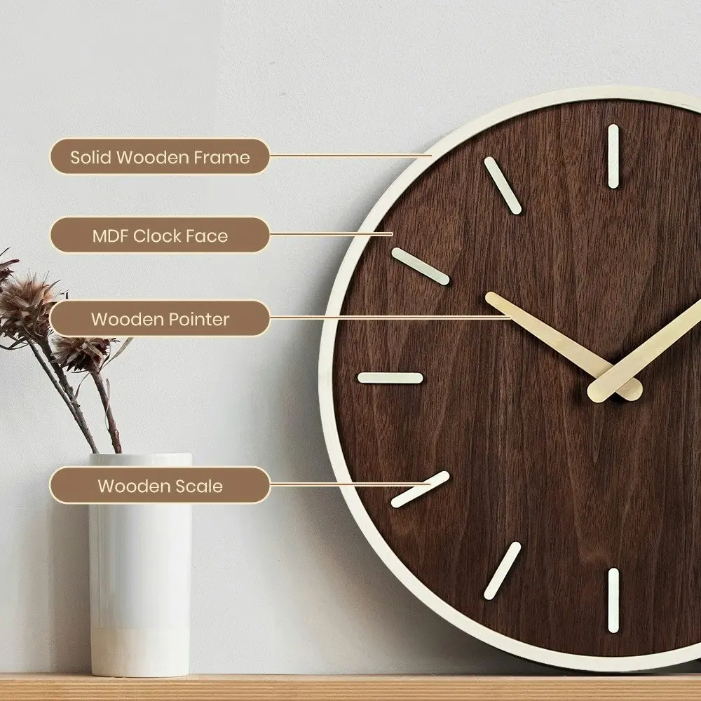 Furb Modern Wall Clock Wood Round Wall Clocks Silent Non-Ticking 40cm Home Room