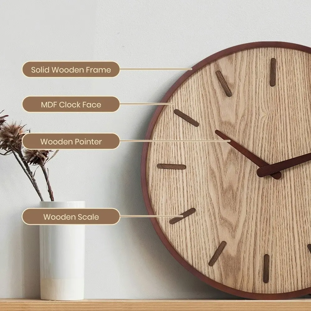 Furb Modern Wall Clock 40cm Wood Round Wall Clocks Silent Non-Ticking Home Room