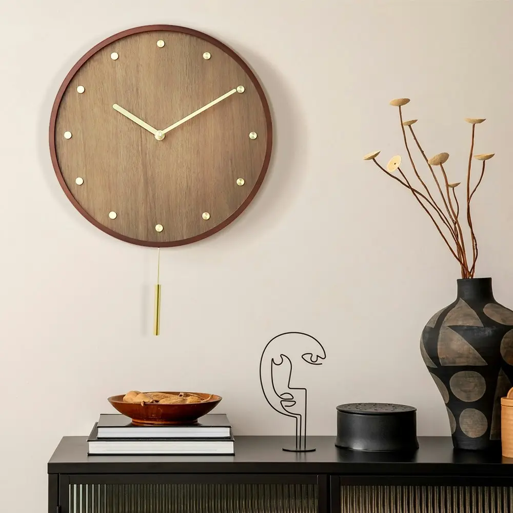 Furb Wall Clock with Pendulum Wood Round Wall Clocks Silent Non-Ticking Decor