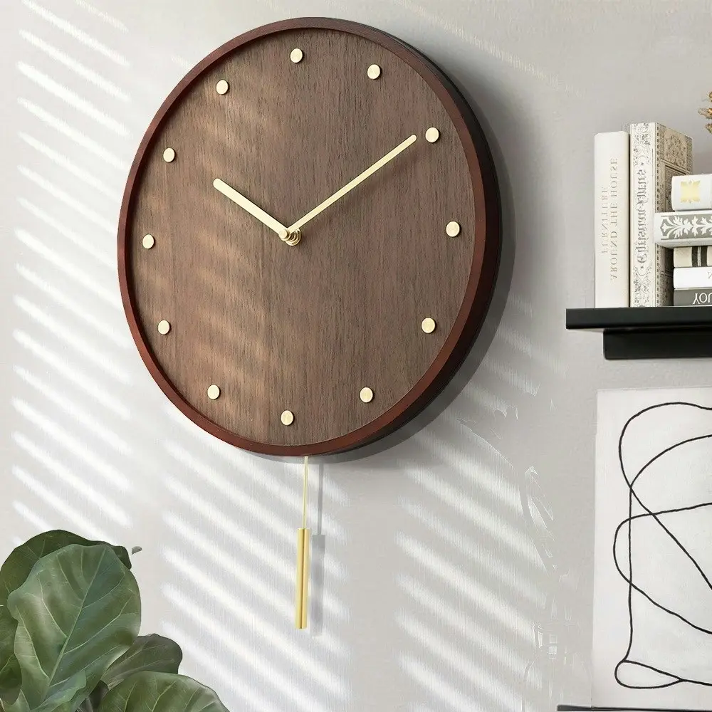 Furb Wall Clock with Pendulum Wood Round Wall Clocks Silent Non-Ticking Decor