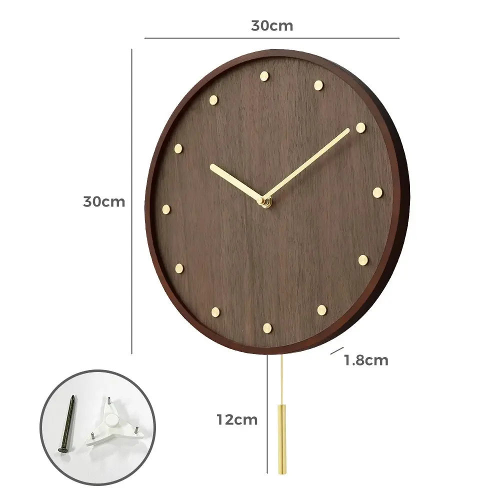 Furb Wall Clock with Pendulum Wood Round Wall Clocks Silent Non-Ticking Decor