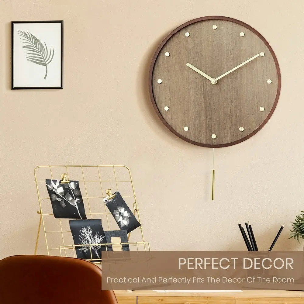 Furb Wall Clock with Pendulum Wood Round Wall Clocks Silent Non-Ticking Decor