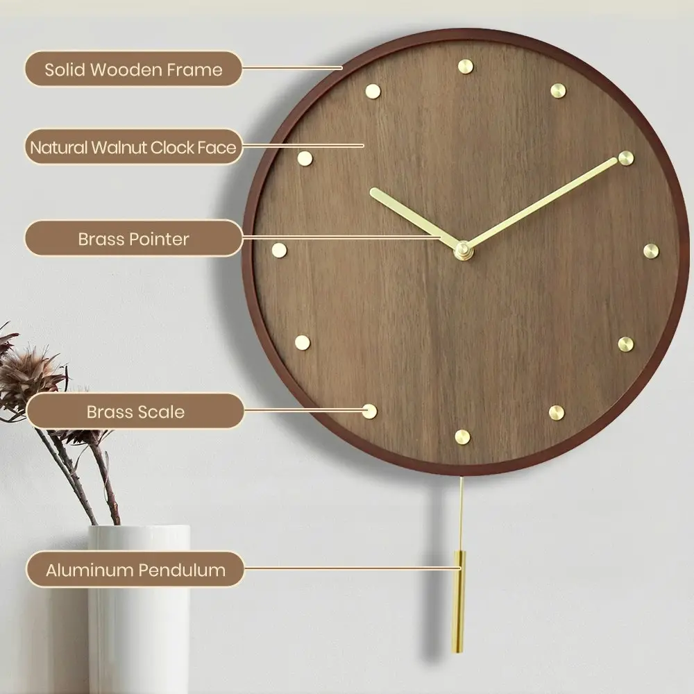 Furb Wall Clock with Pendulum Wood Round Wall Clocks Silent Non-Ticking Decor