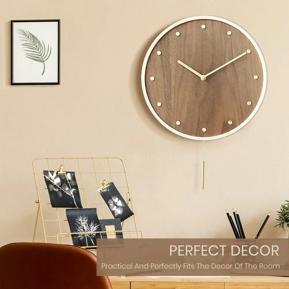 Furb Wall Clock with Pendulum Wooden Round Wall Clocks Silent Non-Ticking Decor