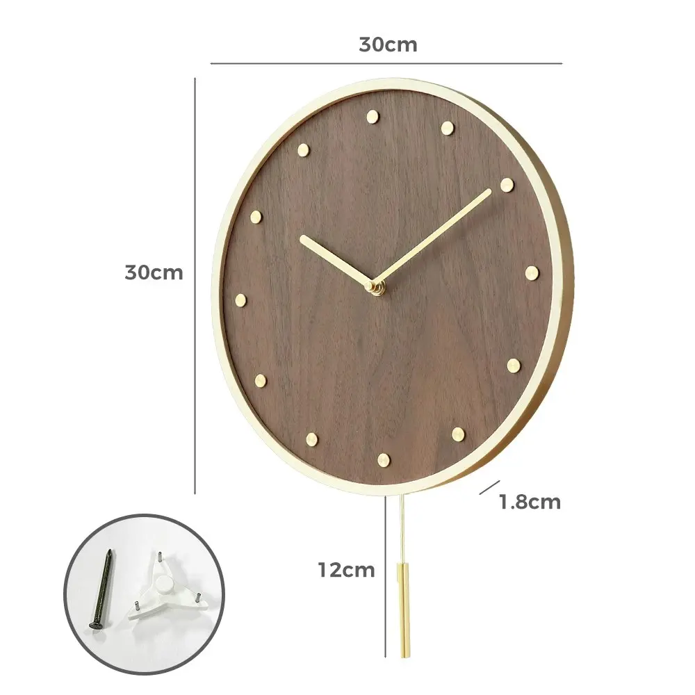 Furb Wall Clock with Pendulum Wooden Round Wall Clocks Silent Non-Ticking Decor