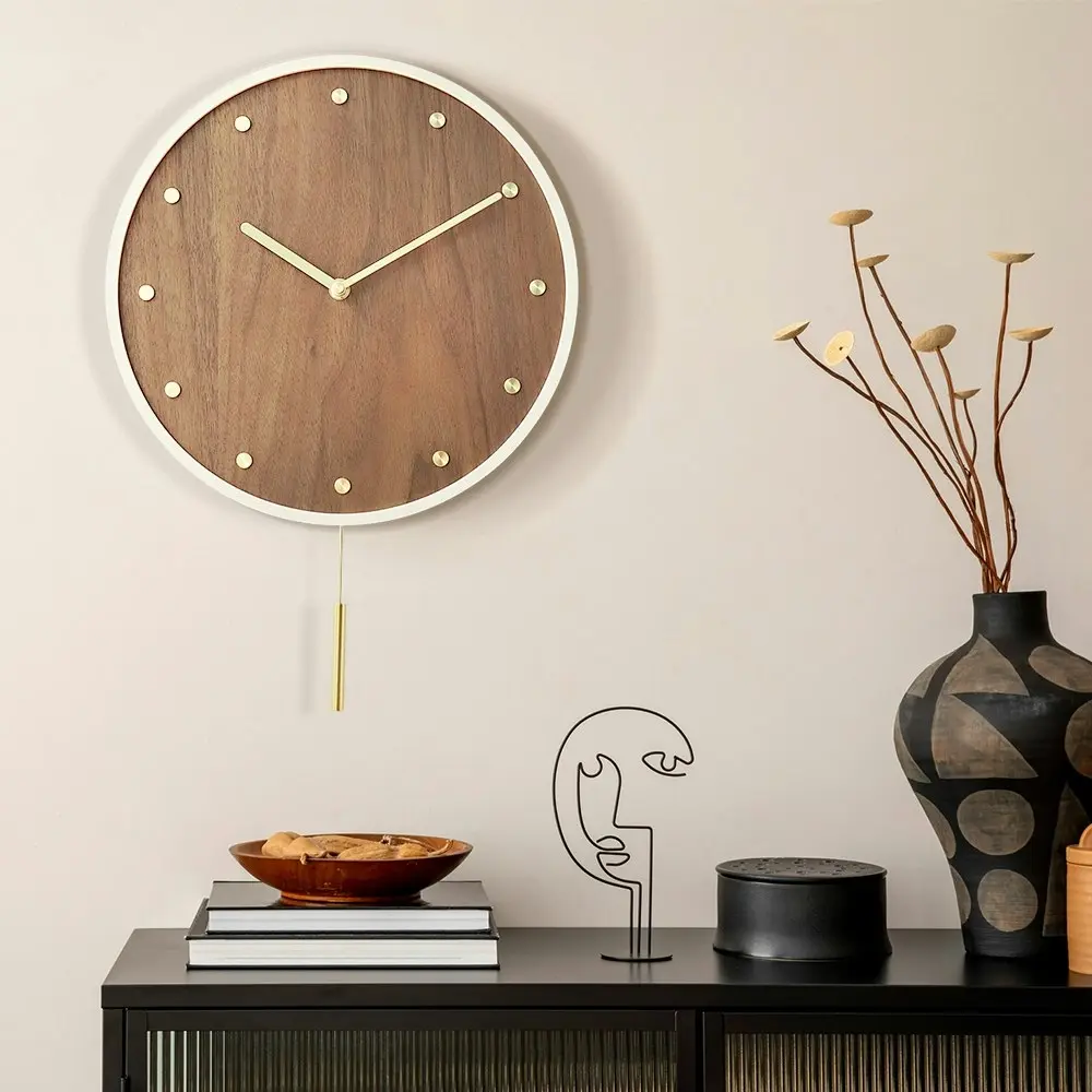 Furb Wall Clock with Pendulum Wooden Round Wall Clocks Silent Non-Ticking Decor