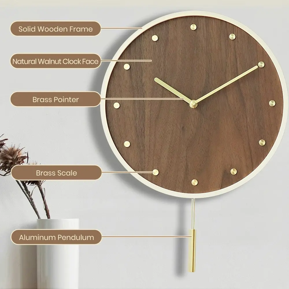 Furb Wall Clock with Pendulum Wooden Round Wall Clocks Silent Non-Ticking Decor