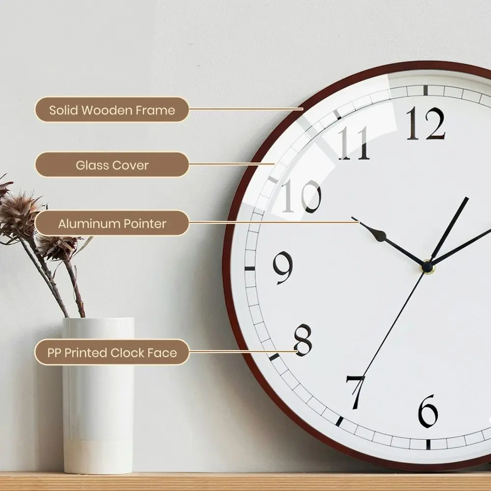 Furb Wall Clock 35cm Wooden Round Wall Clocks Silent Non-Ticking For Home Decor