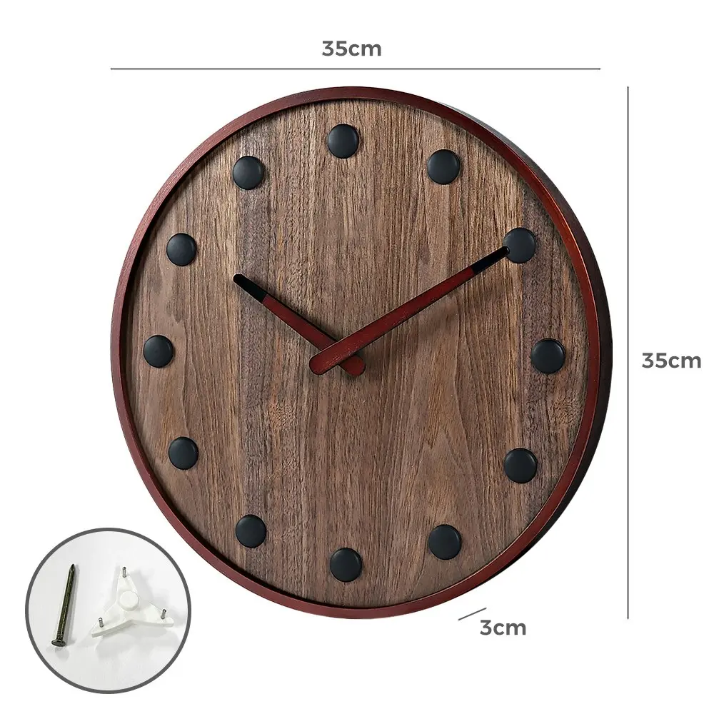 Furb Wall Clock Wood Round Wall Clocks Silent Non-Ticking Home Decor Large 35cm