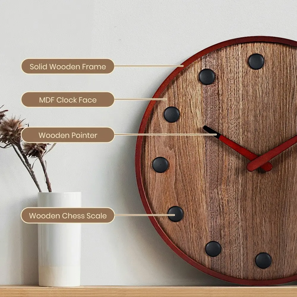 Furb Wall Clock Wood Round Wall Clocks Silent Non-Ticking Home Decor Large 35cm