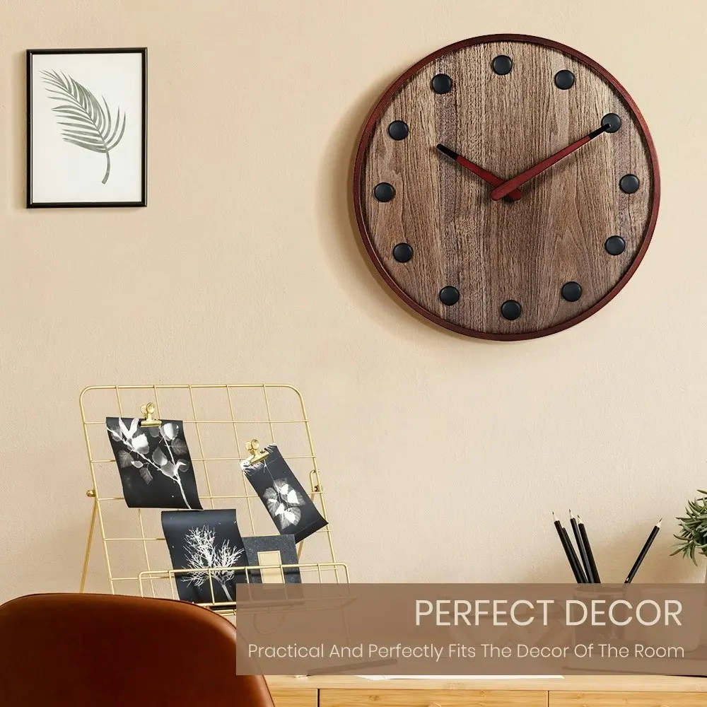 Furb Wall Clock Wood Round Wall Clocks Silent Non-Ticking Home Decor Large 35cm