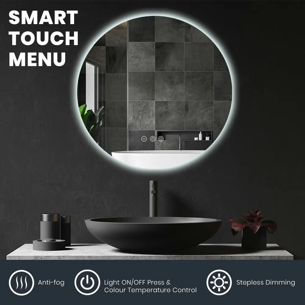 Simplus LED Wall Round Mirror Anti-fog Bathroom Mirrors Makeup Light 60cm