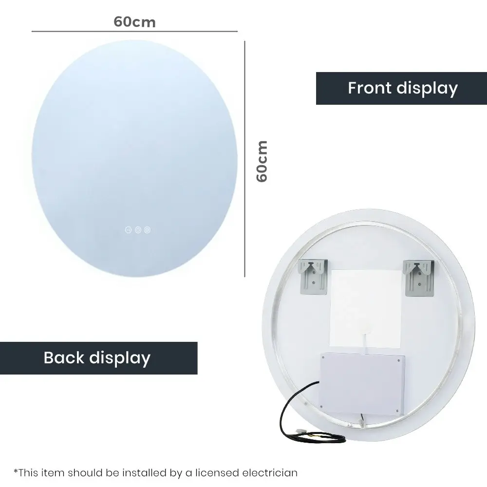 Simplus LED Wall Round Mirror Anti-fog Bathroom Mirrors Makeup Light 60cm