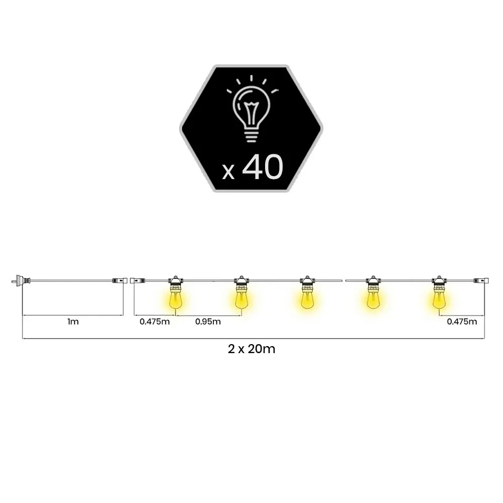 Groverdi 40M LED Festoon String Lights Christmas Wedding Party Garden Outdoor Easter Hanging bulbs