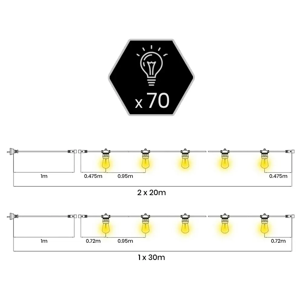 Groverdi 70M LED Festoon String Lights Christmas Wedding Party Garden Outdoor Easter Hanging bulbs