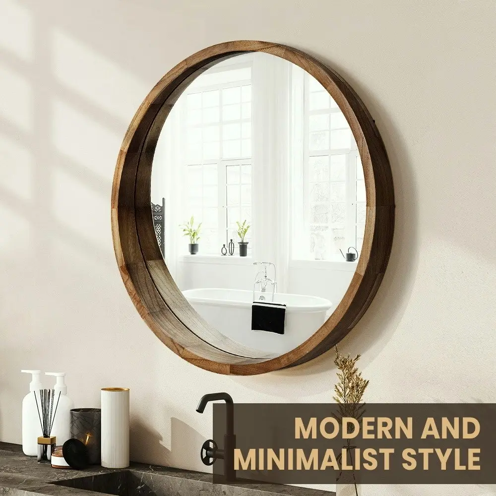 Furb Wooden Wall Mirrors Flat Round Makeup Mirror Bathroom Home Decor 100CM Walnut Wood